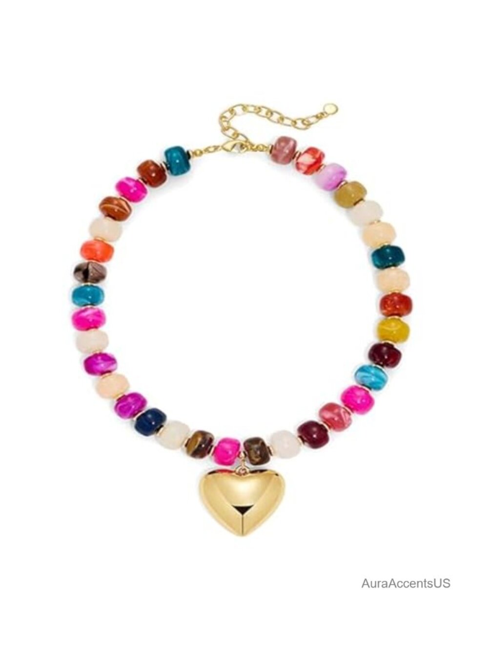 Chunky Beaded Choker Necklace with Gold Heart Pendant for Women